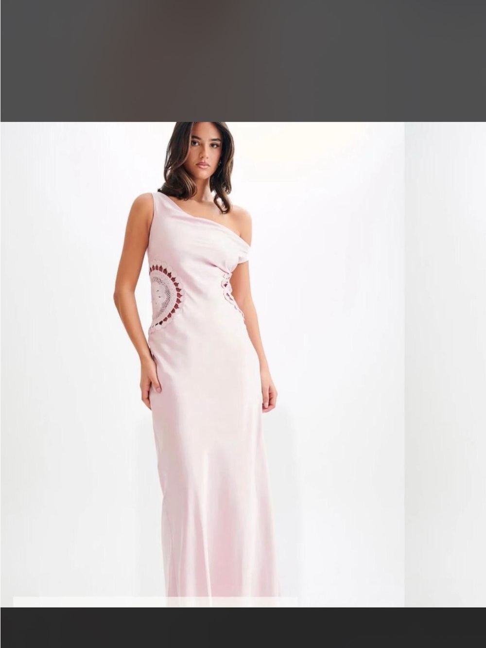 Meshki Pink Satin One-Shoulder Maxi Dress with Side Cutout Detail